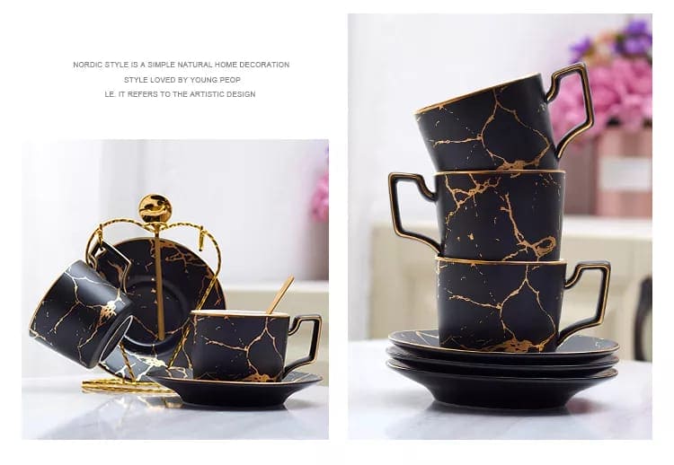 200ml Luxury Marble Ceramic Coffee Cups And Saucers Set With Gold Stand, Marble Ceramic Coffee Cup Saucer Spoon Set, Nordic Matt Porcelain Tea Set, Advanced Teacups 200ml Luxury Marble Ceramic Coffee Cups And Saucers Set With Gold Stand, Marble Ceramic Coffee Cup Saucer Spoon Set, Nordic Matt Porcelain Tea Set, Advanced Teacups